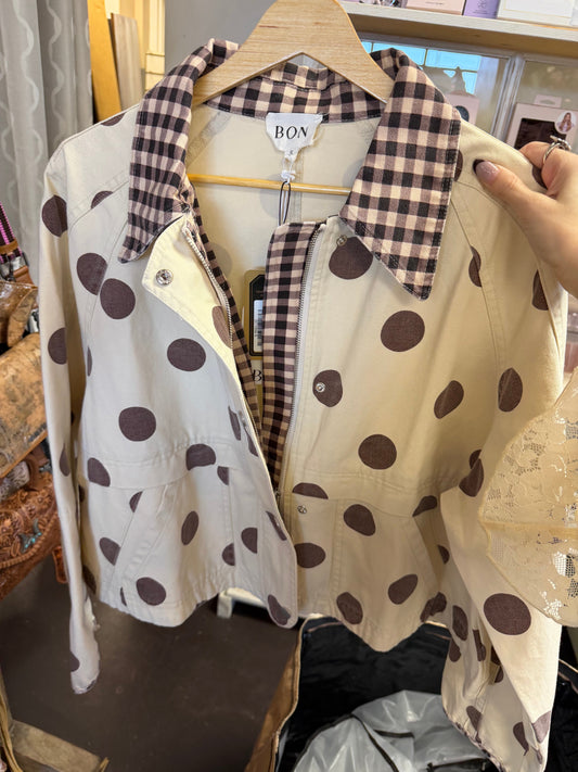 Polka Dot Canvas Fall Jacket with Gingham Collar-Multiple Colors