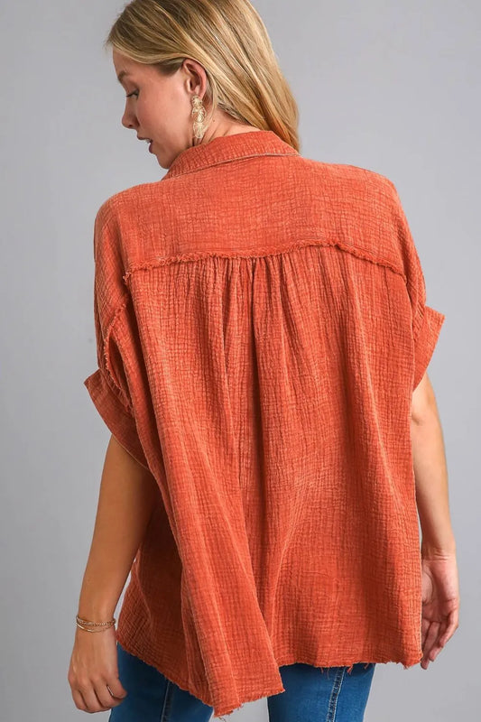 Umgee Full Size Cotton Gauze Mineral Wash Button Down Shirt Plus Size