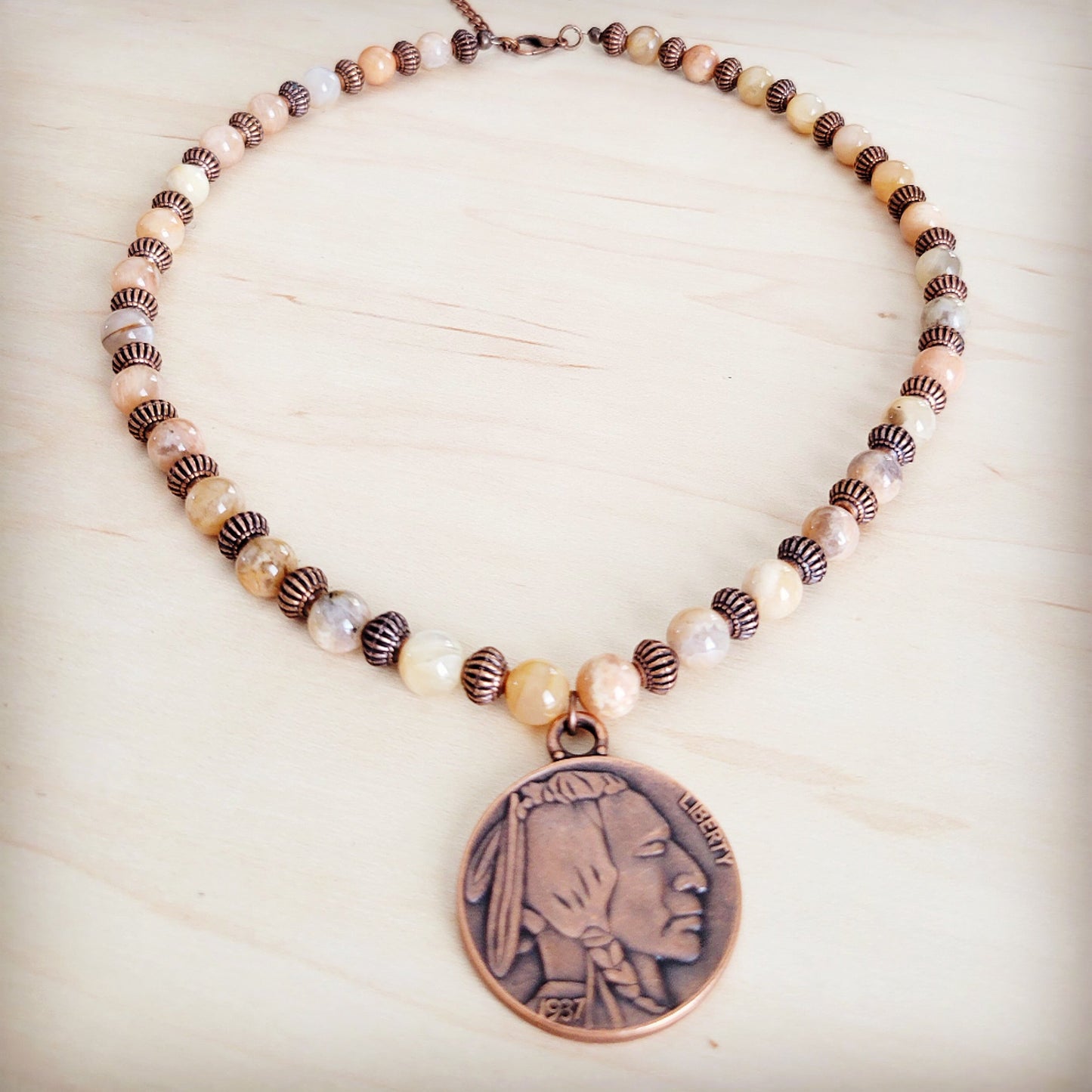 Natural Agate Beaded Collar Necklace w/ Indian Head Pendant 262m