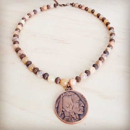 Natural Agate Beaded Collar Necklace w/ Indian Head Pendant 262m