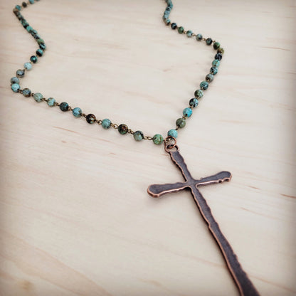 Genuine African Turquoise Long Beaded Necklace with Antique Copper Cross 262y