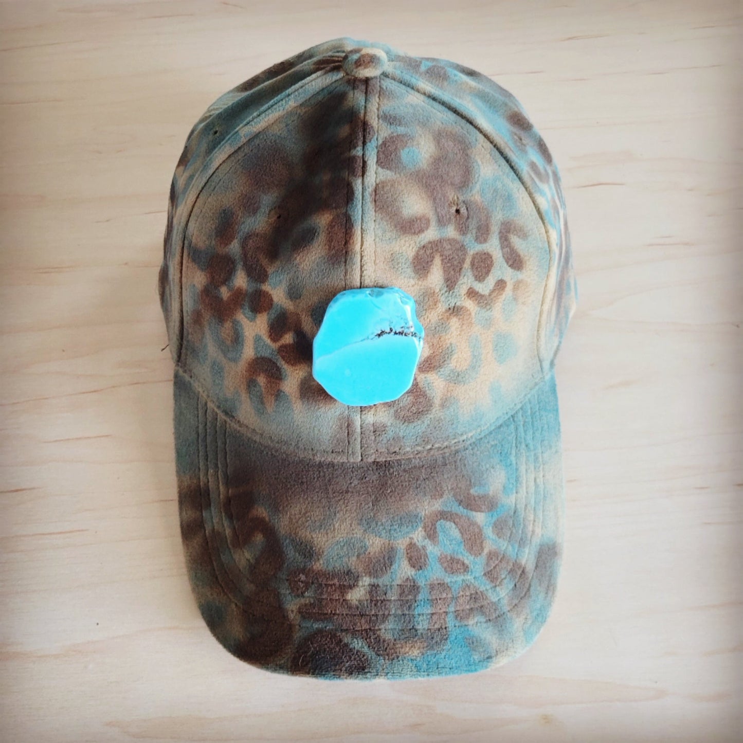 Hand-Painted Leopard Suede Baseball Cap Tan & Turq 986p