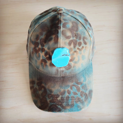 Hand-Painted Leopard Suede Baseball Cap Tan & Turq 986p