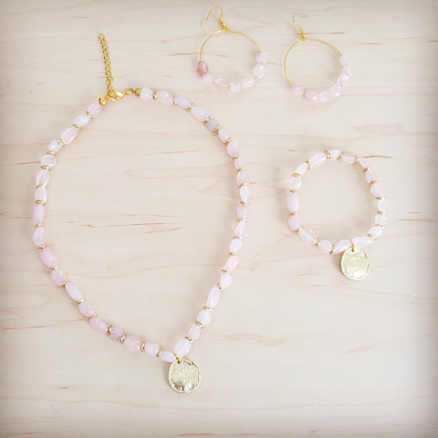 Beaded Hoop Earrings- Genuine Natural Rose Quartz Stones 200bk