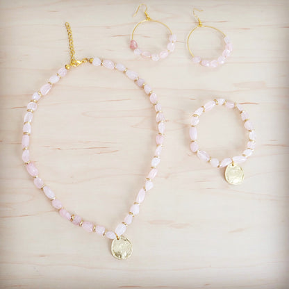 Beaded Hoop Earrings- Genuine Natural Rose Quartz Stones 200bk