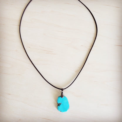 **Turquoise Slab Pendant on Leather Cord Necklace 254d