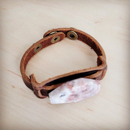 Sunstone Slab Narrow Leather Cuff Bracelet 001ab
