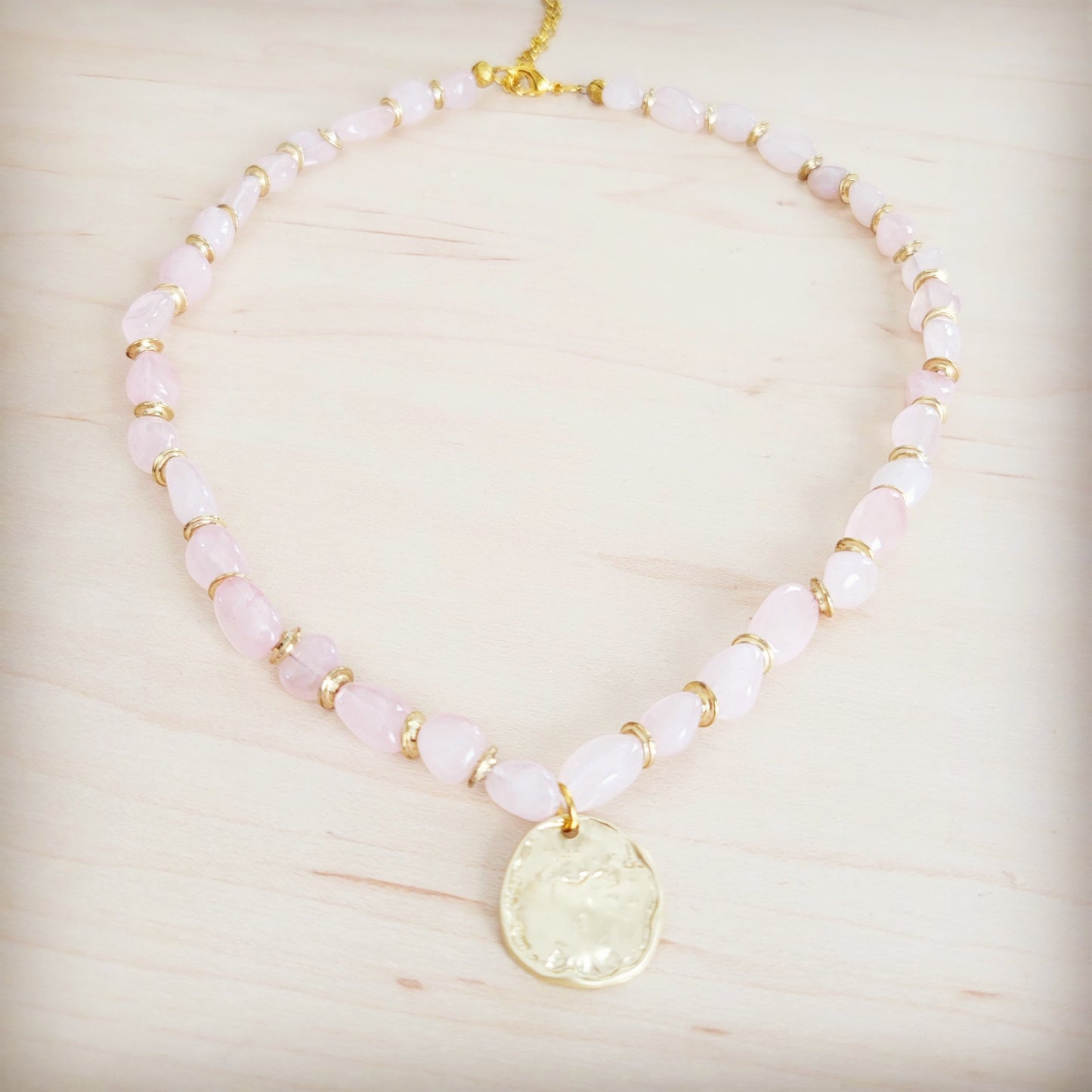 Rose Quartz Collar Necklace w/ Gold Coin Charm 263h