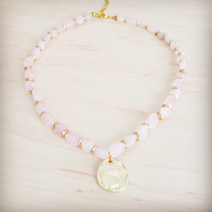 Rose Quartz Collar Necklace w/ Gold Coin Charm 263h