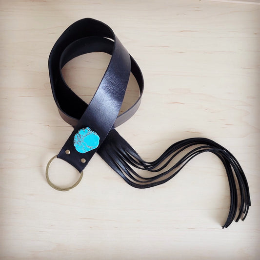 Black Leather Belt with Leather Fringe Closure and Turq Slab 908w