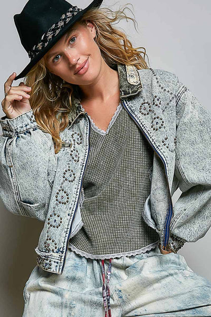 “Pretty in Pink” Studded Vintage Cropped Zip-Front Jacket