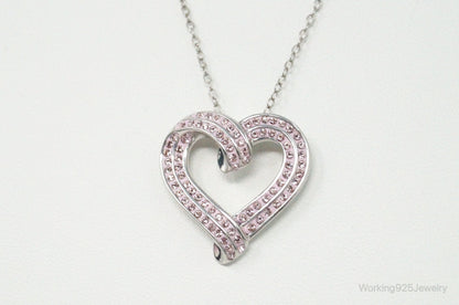 Vintage Designer RL Heart Pink Cubic Zirconia Sterling Silver Necklace