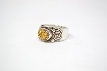 Vintage Designer Sajen Gold Druzy Sterling Silver Adjustable Ring - Size 10