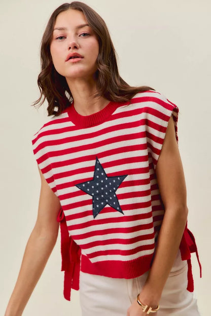SO ME Stripe Star Patch 4th Of July Side Tie Vest Top
