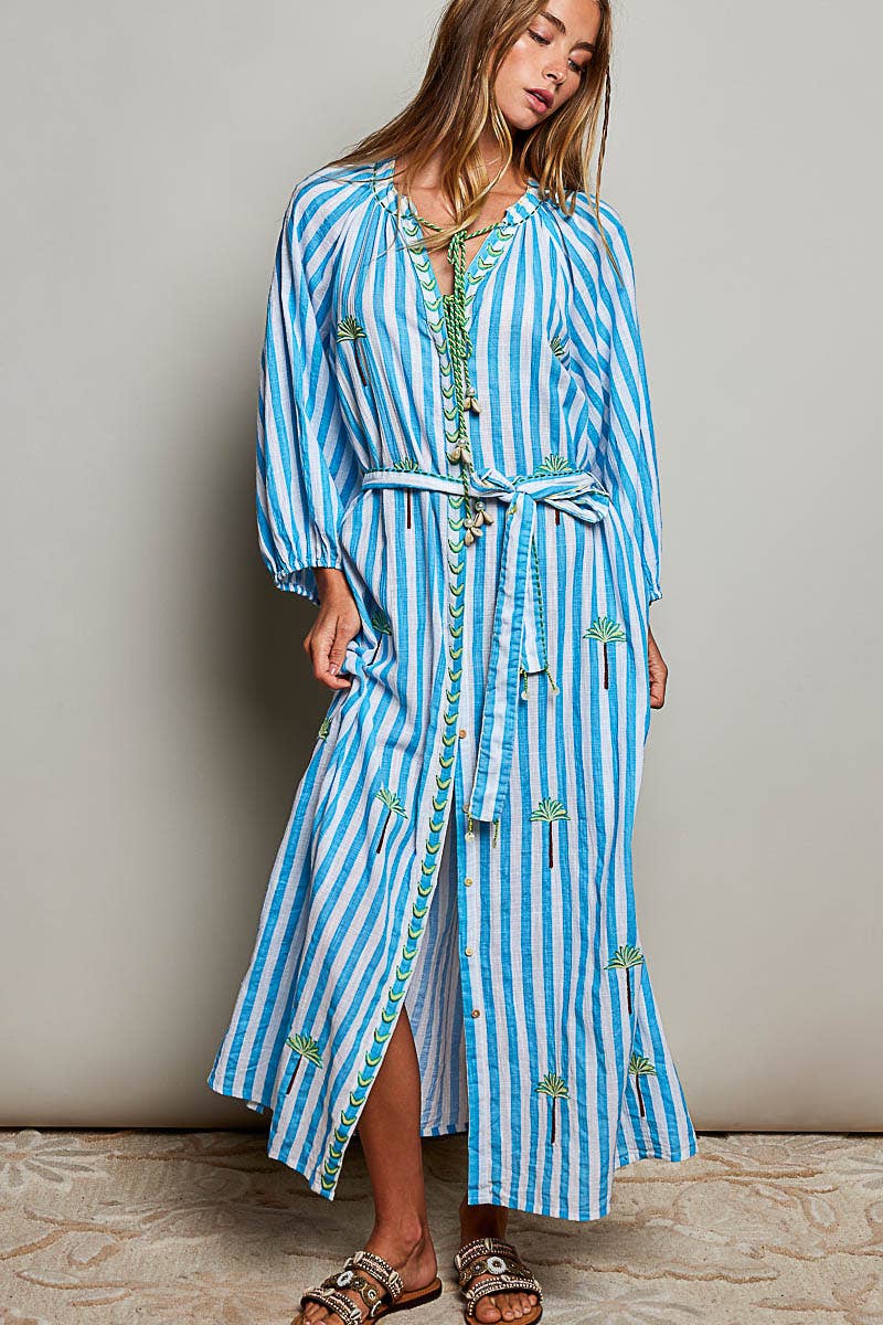 Palm Tree Embroidery Lightweight Striped Maxi Dres