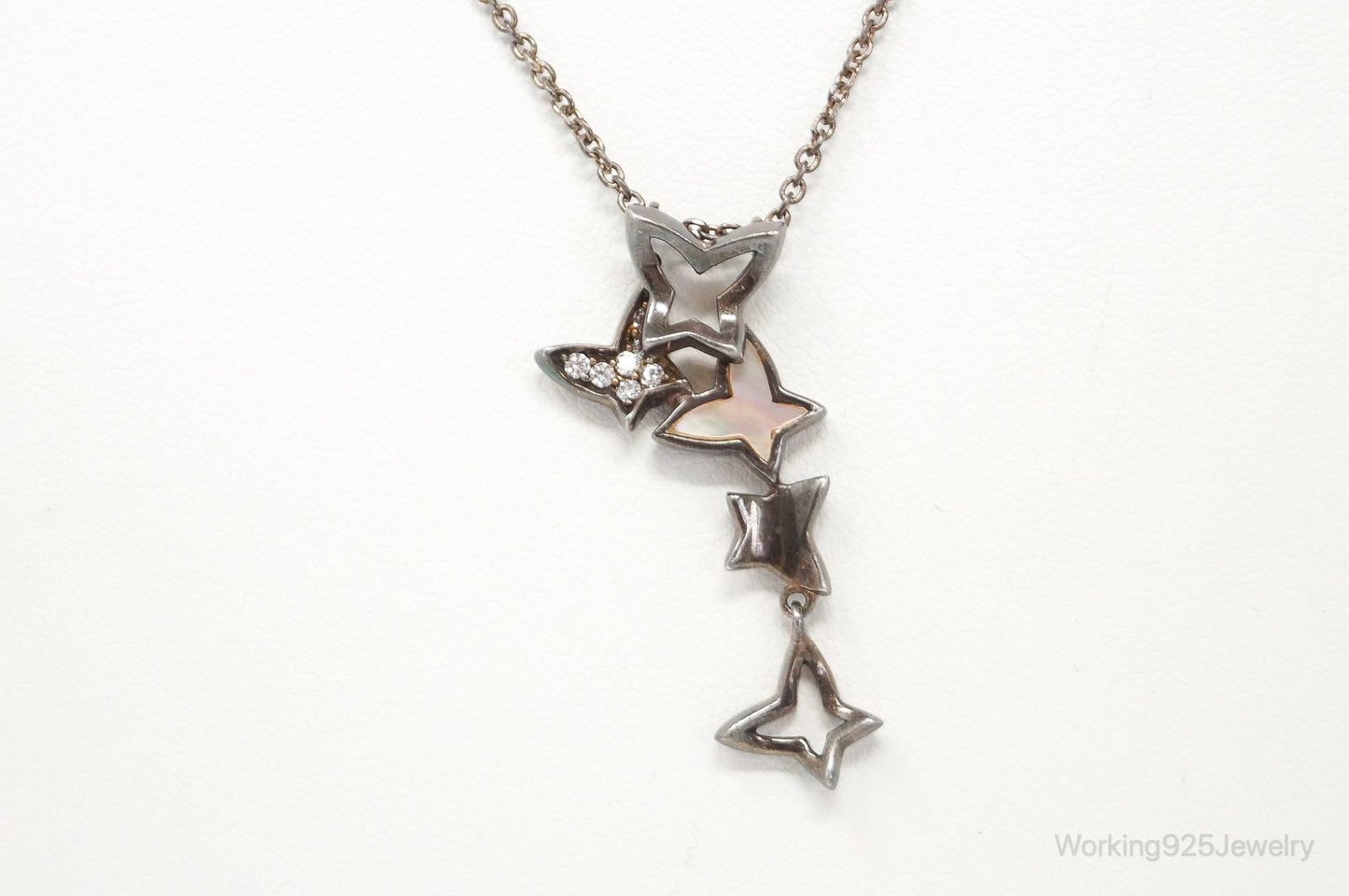 Folli Follie Mother Of Pearl Cubic Zirconia Butterflies Sterling Silver Necklace