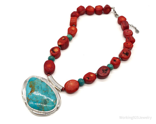 Vintage BARSE Chunky Coral Turquoise Sterling Silver Bead Necklace