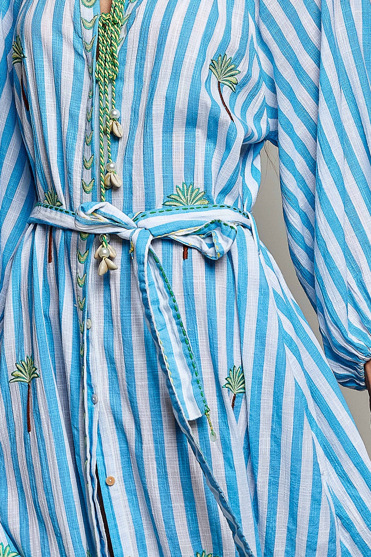 Palm Tree Embroidery Lightweight Striped Maxi Dres