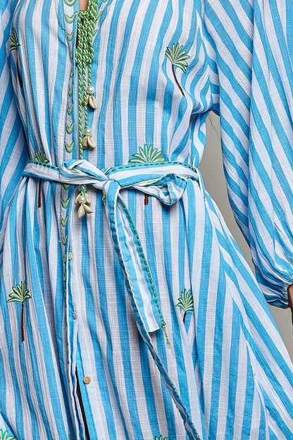 Palm Tree Embroidery Lightweight Striped Maxi Dres