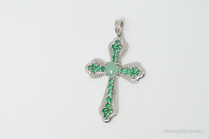 Vintage Green Chalcedony Green Cubic Zirconia Cross Sterling Silver Pendant