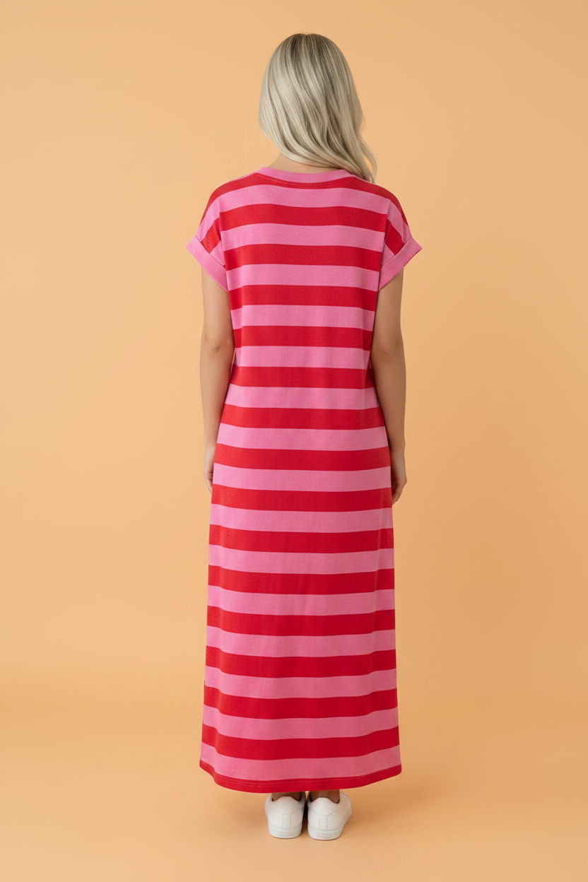 Stripe Cuffed T-Shirt Long Dress w/ Pockets: Rose Stripe