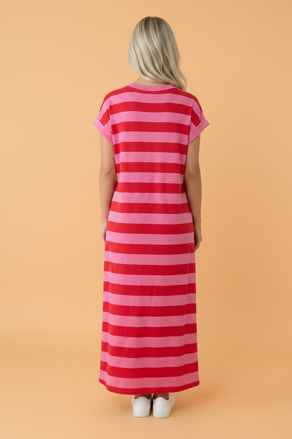 Stripe Cuffed T-Shirt Long Dress w/ Pockets: Rose Stripe