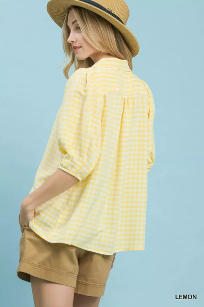 Umgee Gingham Puff Sleeve Collared Blouse in Lemon