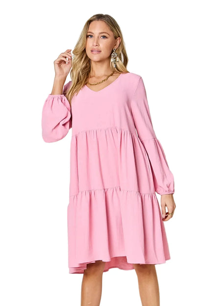 Garden Naked Women's Casual Dress Babydoll Tiered Dress with Pockets Long Sleeve Ruffle Hem Soft Cotton Blend Loose Fit