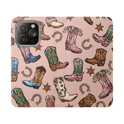 Western Boots Flip Wallet Phone Cases Pink