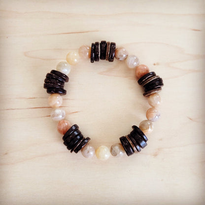 Natural Agate and Wood Beaded Stretch Bracelet 811n