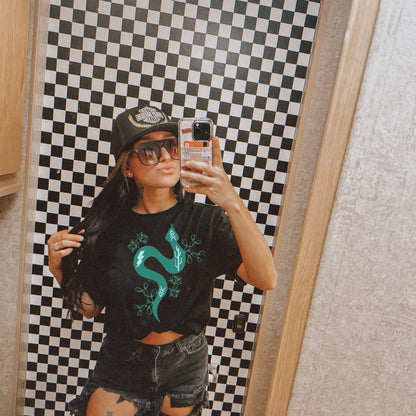 Turquoise Western Snake Graphic Shirt on Gildan Softstyle Black Shirt – Graphic Tee, Long Sleeve & Crewneck.