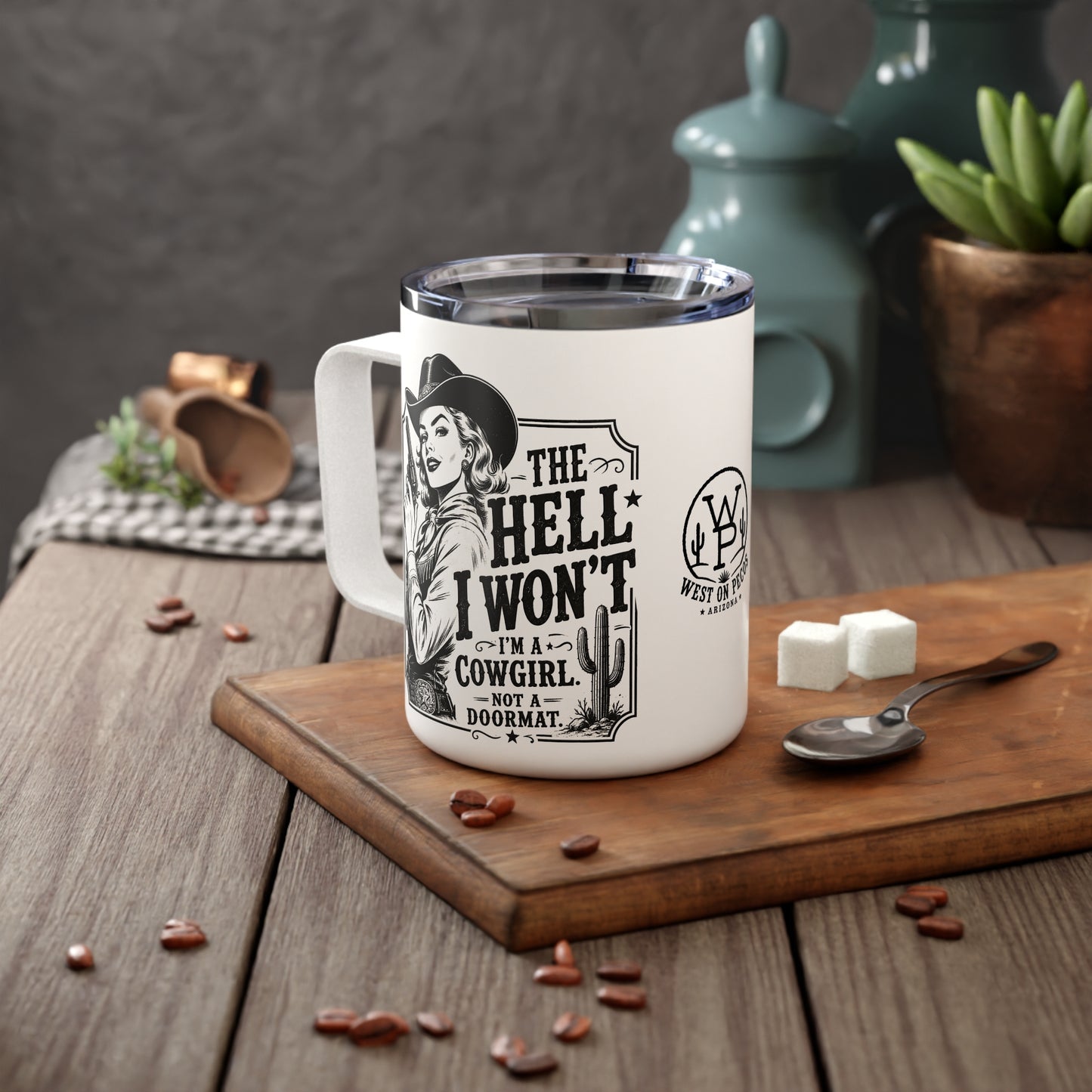 Western 10oz Insulated Coffee Mug – 'West on Pecos' Vintage Ranch Design
