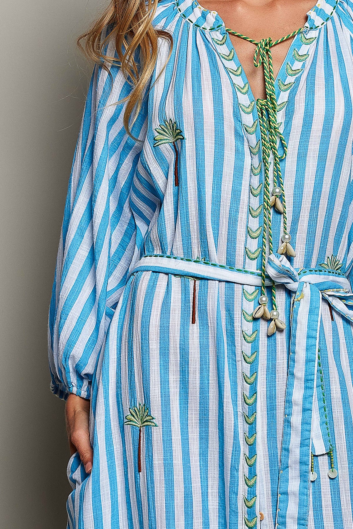Palm Tree Embroidery Lightweight Striped Maxi Dres
