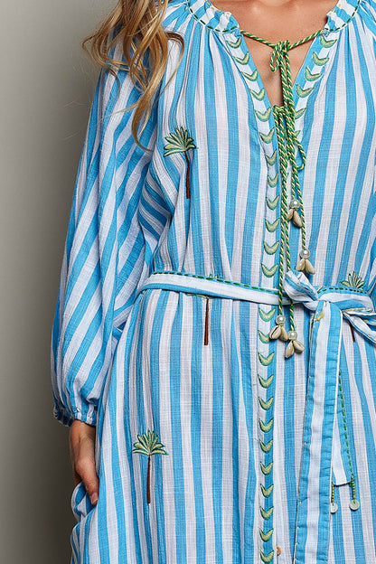 Palm Tree Embroidery Lightweight Striped Maxi Dres