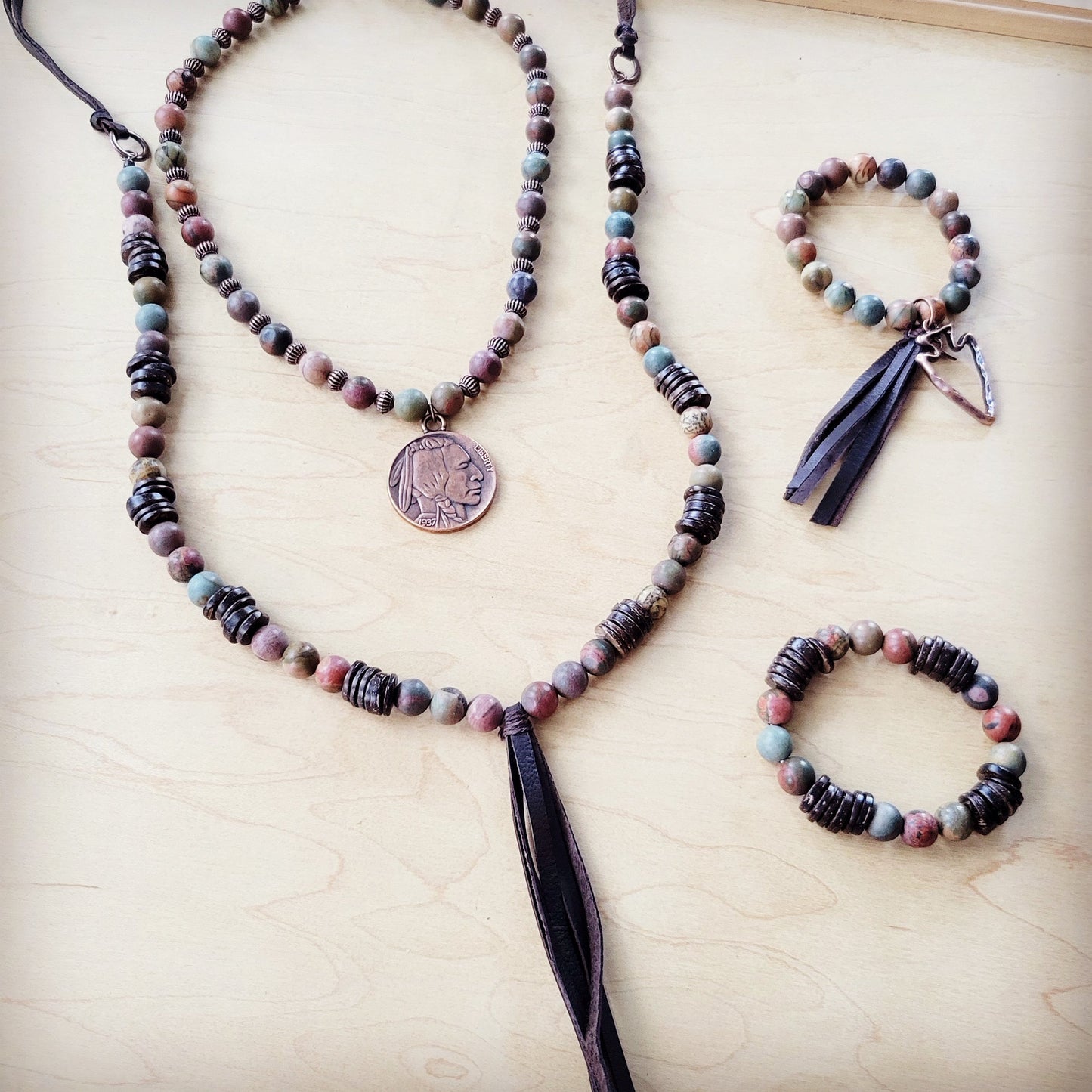 Picasso Jasper Beaded Bracelet w/ Leather Tassel and Arrowhead 810o