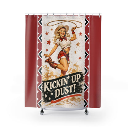 Kickin' Up Dust! Cowboy Pinup Shower Curtain — Retro Western Cowgirl Bathroom Decor
