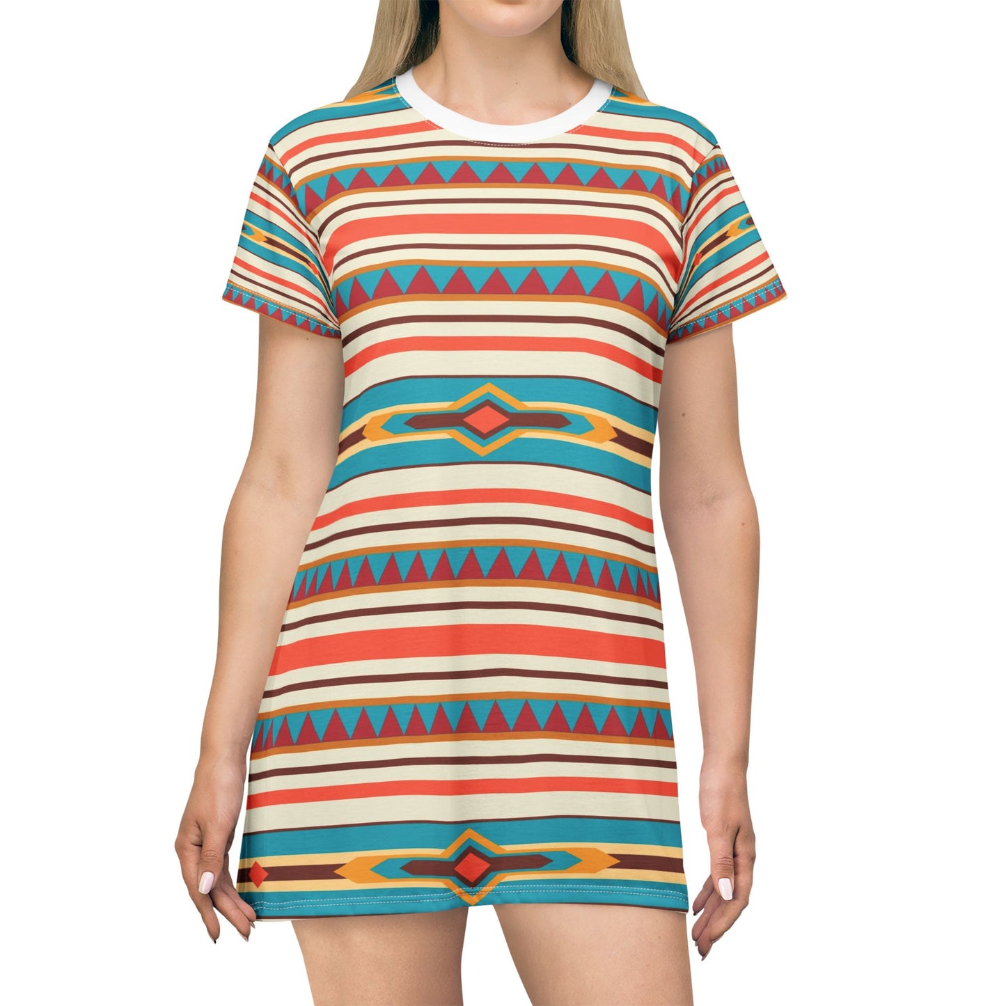 Southwestern Stripe T‑Shirt Dress — Colorful Aztec Boho AOP Dress
