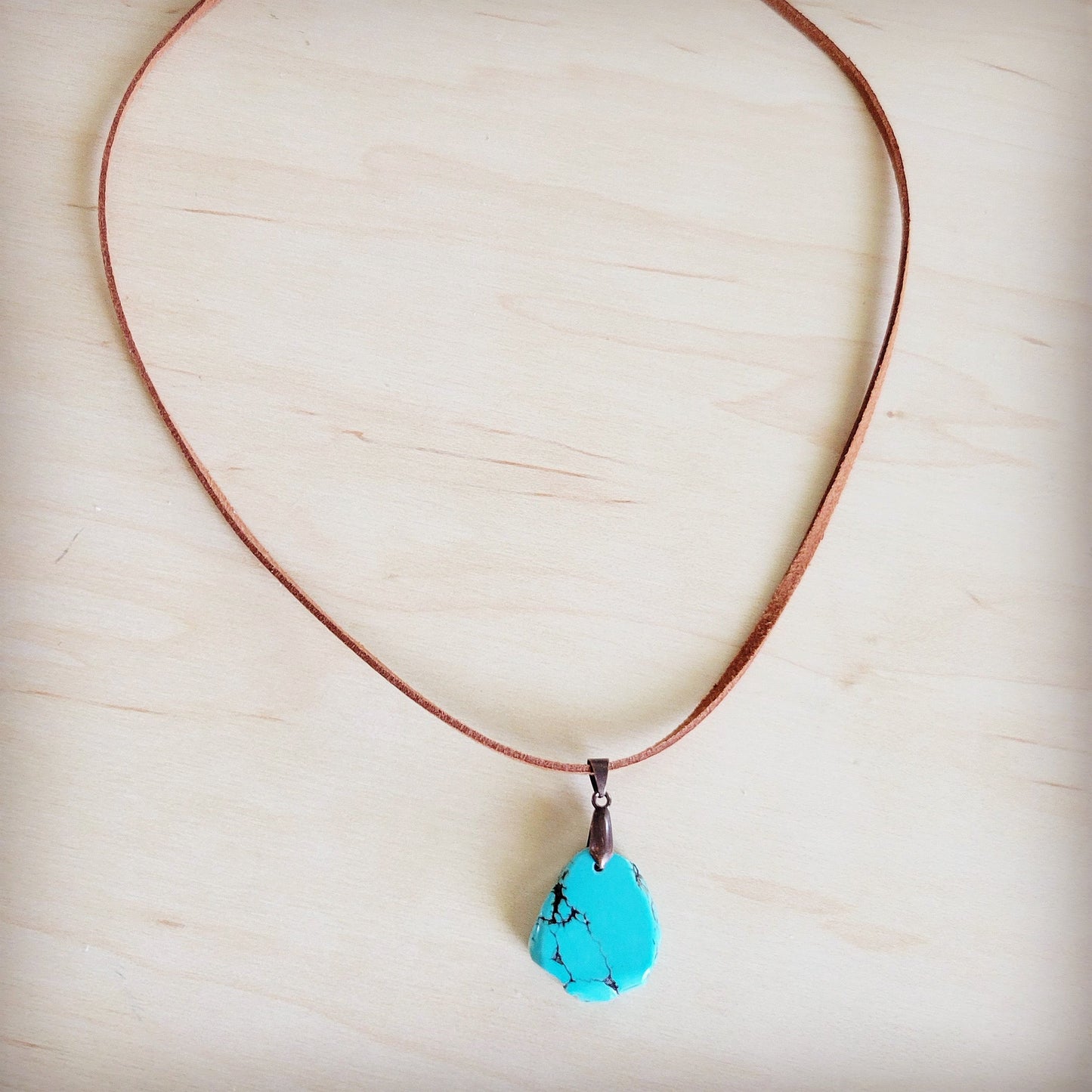 **Turquoise Slab Pendant on Leather Cord Necklace 254d