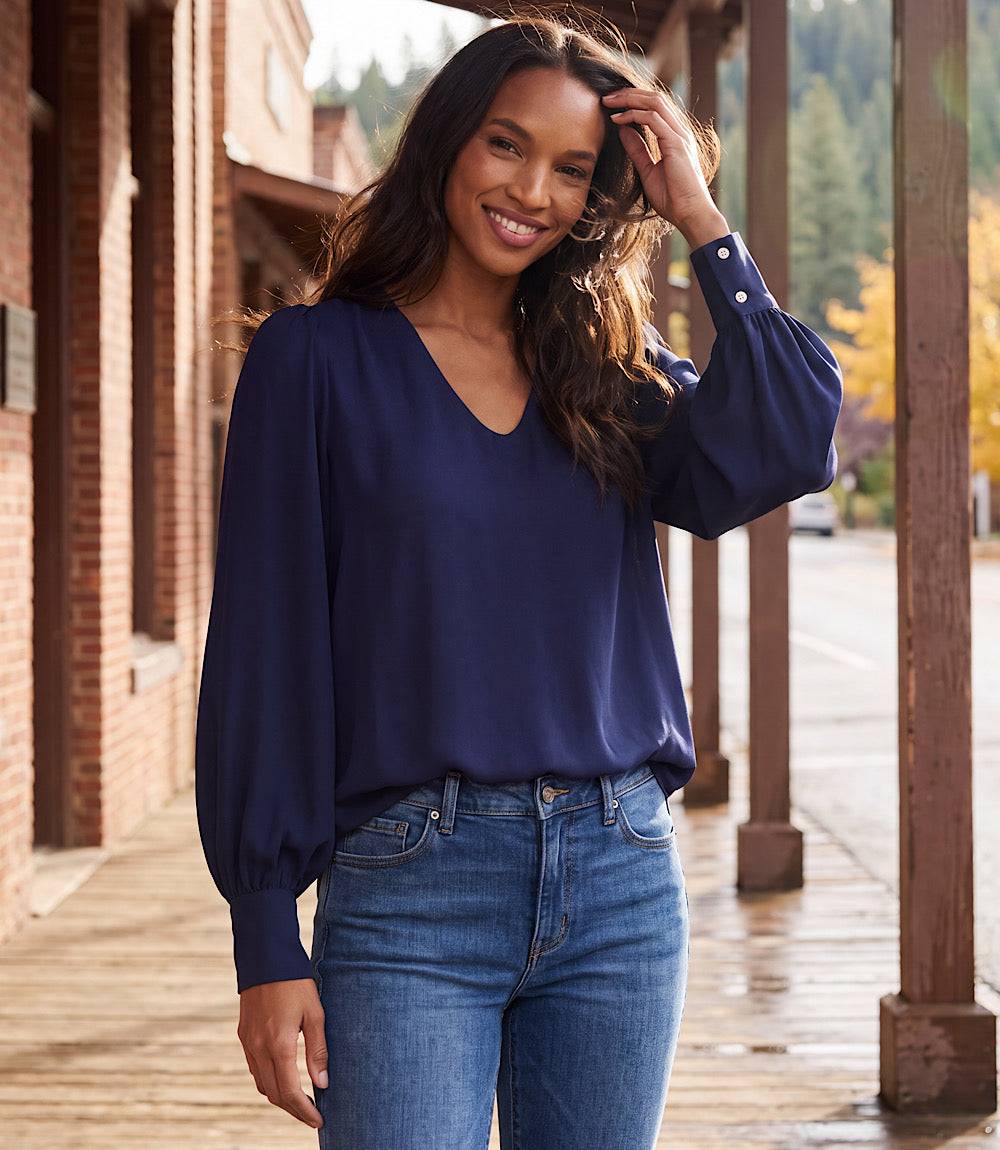 Petite Size Puff Sleeve V-Neck Top