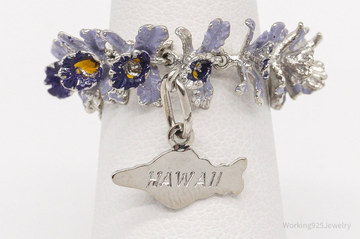 Vintage "Hawaii" State Purple Flowers Enamel Sterling Silver Ring - Size 5