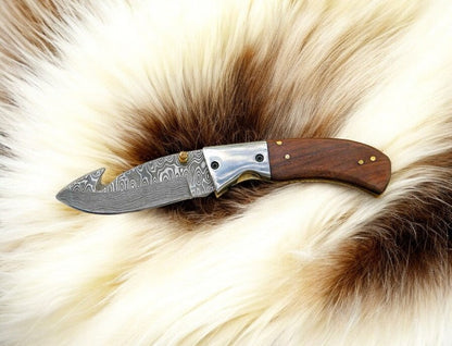 Handmade Damascus Steel Folding Knife with Rosewood Handle