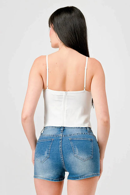 LUXE LACE TRIM SWEETHEART DRAWSTRING BOW ZIPPER CLOSURE BACK CAMI TOP