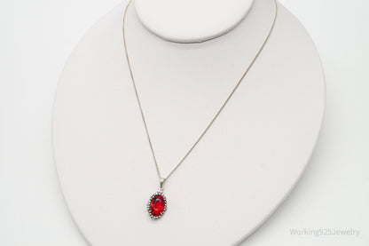 Antique Ruby Color Glass Floral Design 835 Silver Necklace