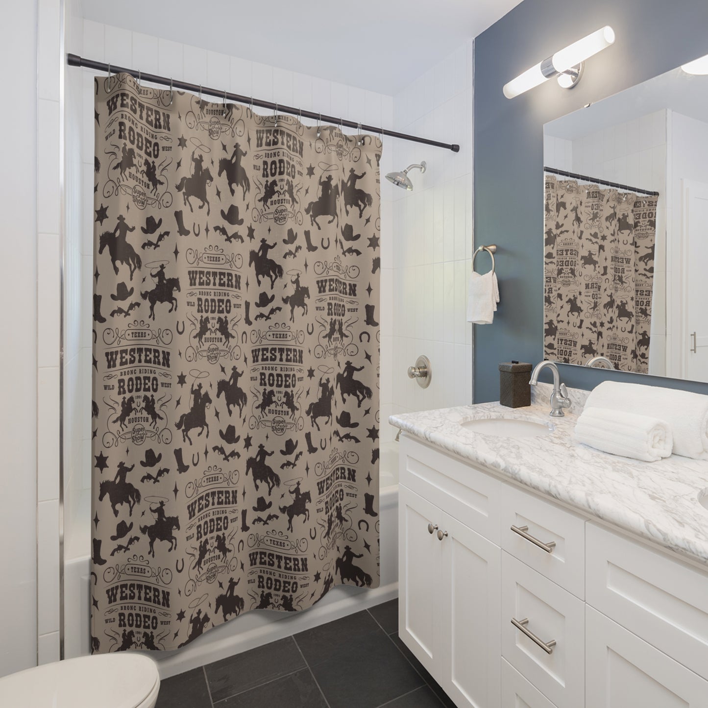 Western Rodeo Pattern Shower Curtain — Cowboy Boots, Hats & Horse Silhouettes