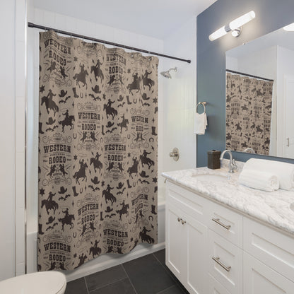 Western Rodeo Pattern Shower Curtain — Cowboy Boots, Hats & Horse Silhouettes