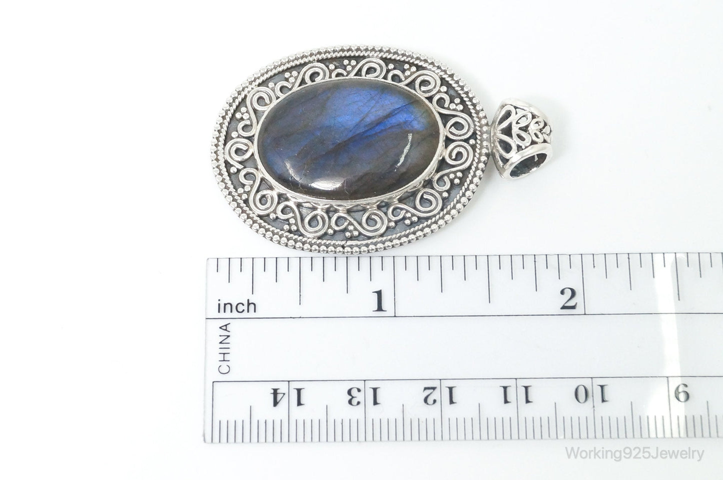 Vintage Large Labradorite Bali Sterling Silver Necklace Pendant