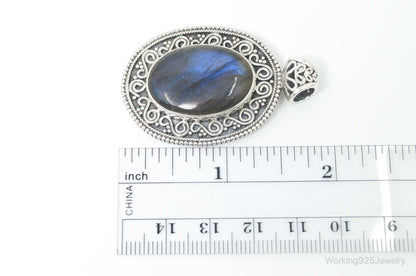 Vintage Large Labradorite Bali Sterling Silver Necklace Pendant