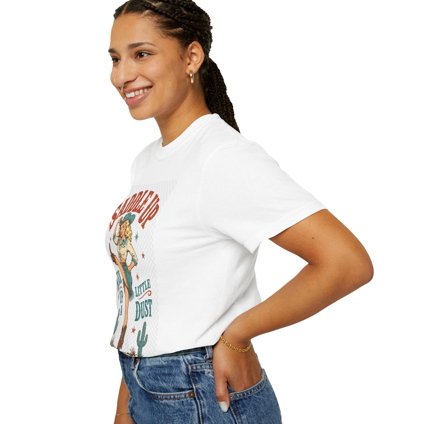 Saddle Up Tee — Retro Cowgirl "Kick Up A Little Dust" Graphic T-Shirt