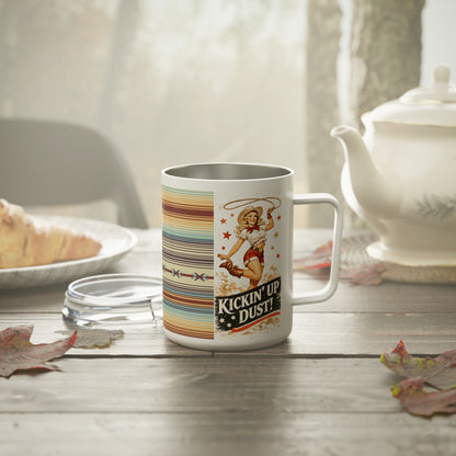 10oz Insulated Coffee Mug — Retro Southwest Stripe & 'Kickin' Up Dust' Cowgirl Design