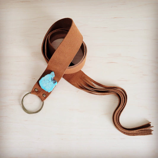 Suede Leather Belt with Leather Fringe Closure and Turq Slab 908s